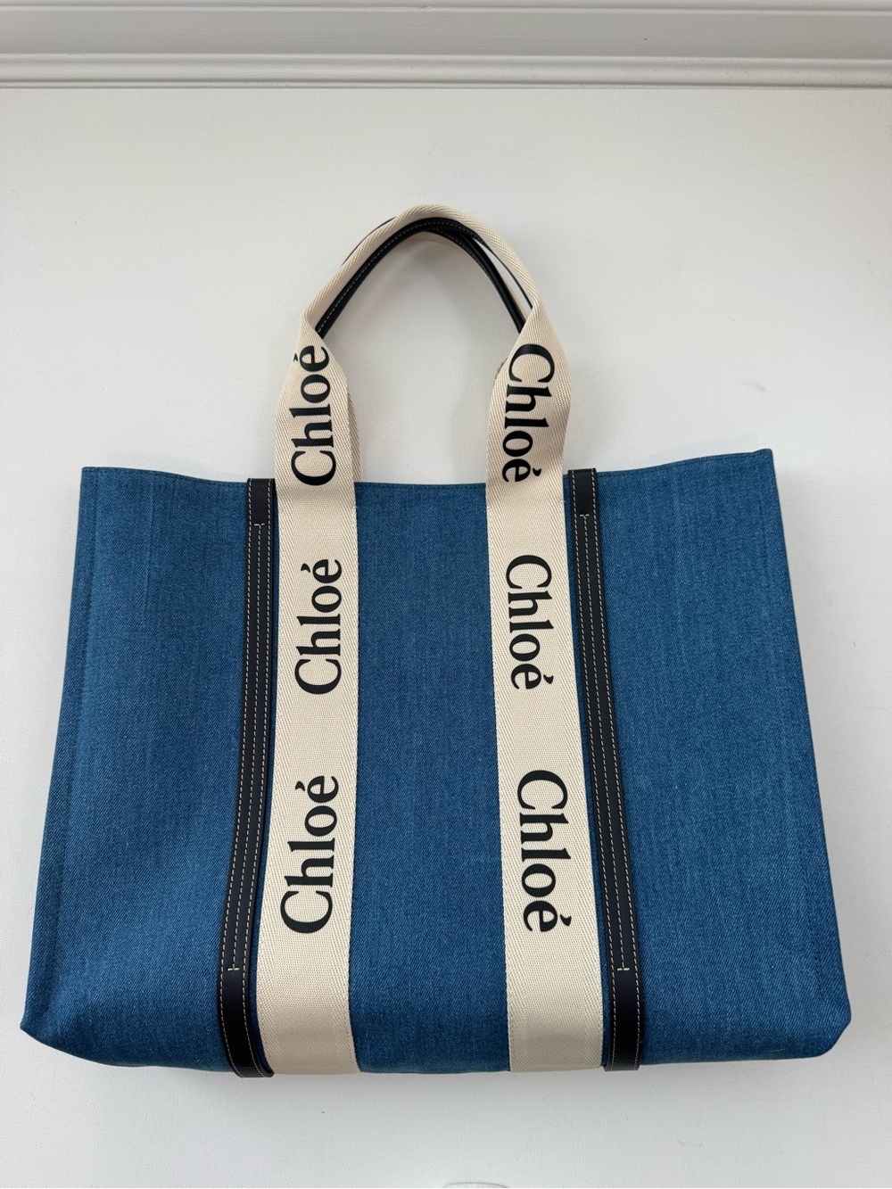 LUXE Large Woody Denim Tote Bag Blue Logo Canvas Leather Trim NEW